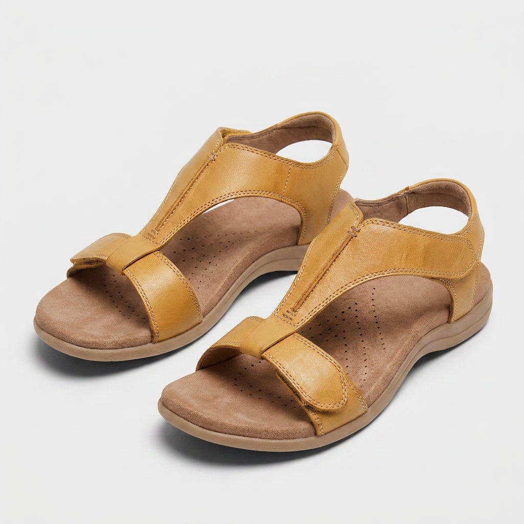 Sandales Plates à Bride en T Ajustable Semelle Rembourrée Fermeture Scratch pour Femme