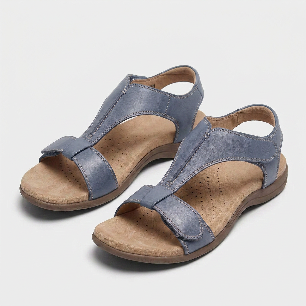 Sandales Plates à Bride en T Ajustable Semelle Rembourrée Fermeture Scratch pour Femme