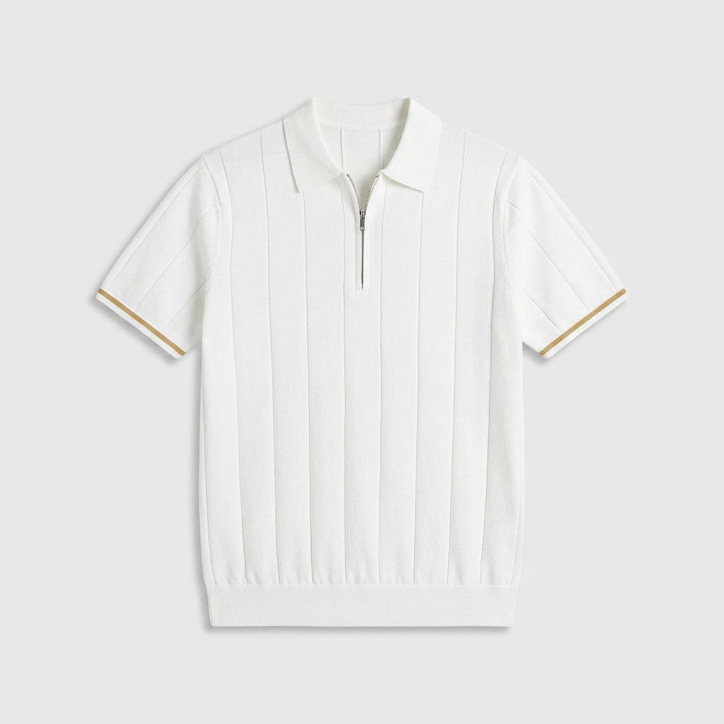 Polo Maille Fine Rayures Verticales Col Zippé pour Homme