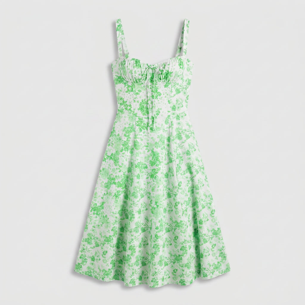 Robe Midi Corset Floral en Coton Coupe Évasée Imprimé Pastel pour Femme