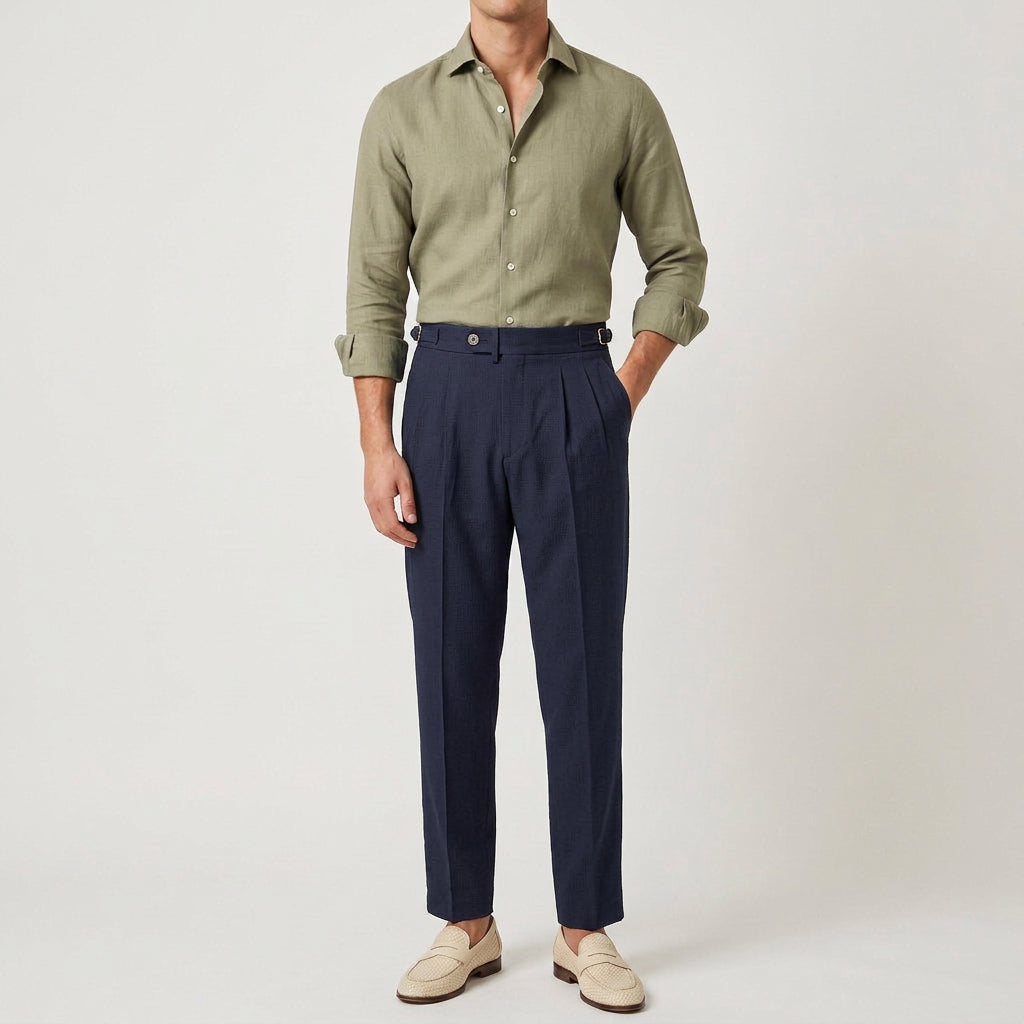 Pantalon Taille Haute Double Pince Boucle Latérale pour Homme