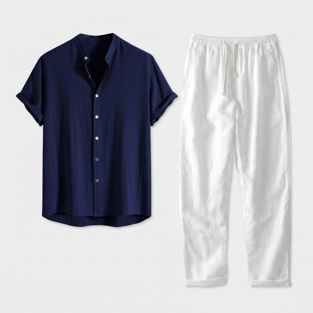Chemise Lin Mélangé Col Mao Manches Courtes pour Homme