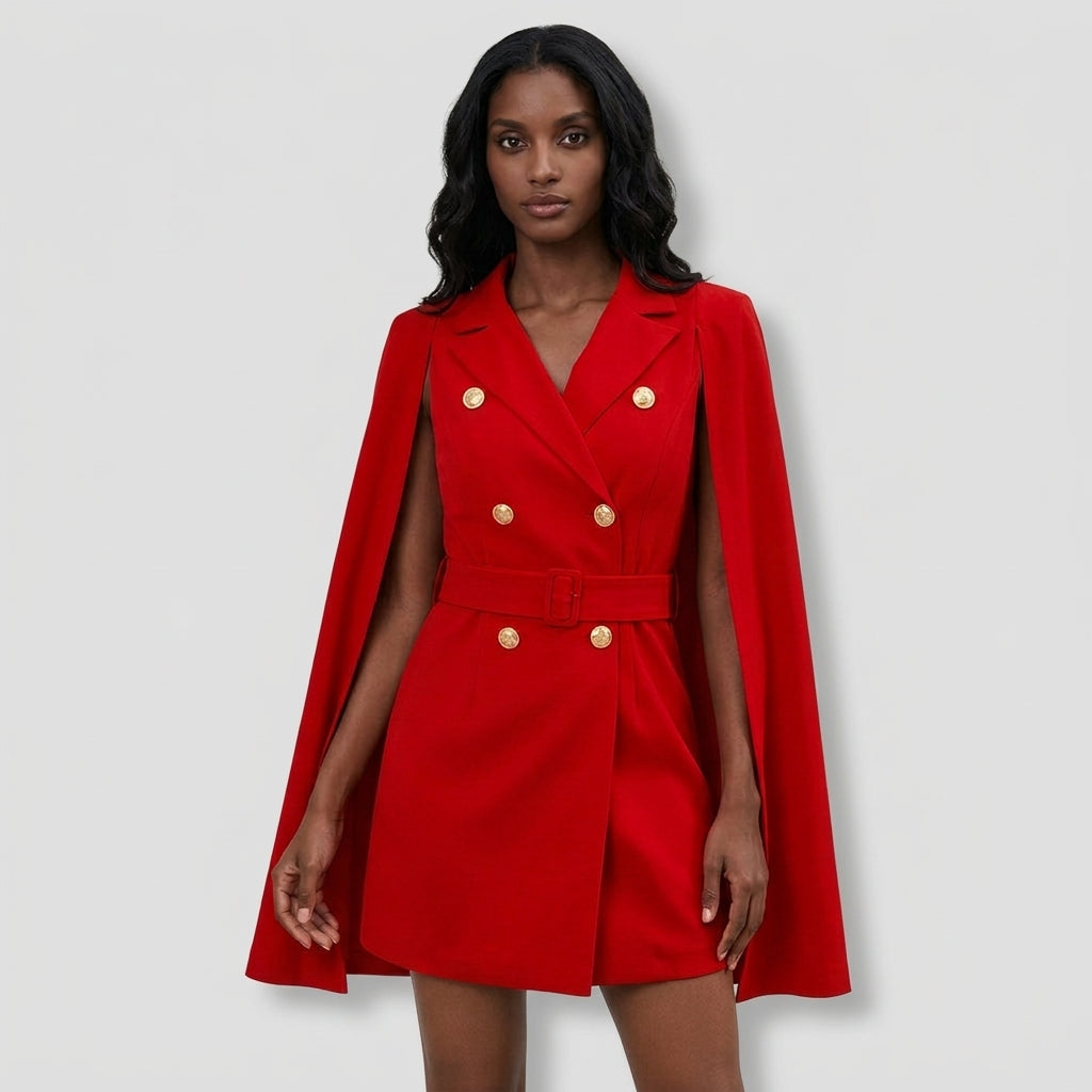 Robe Blazer Cape Ceinturée Boutons Dorés pour Femme