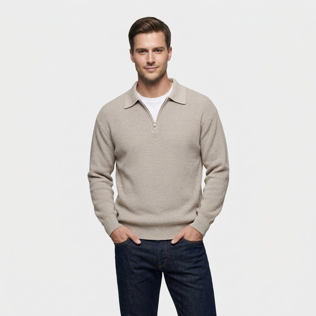 Pull Côtelé Col Polo Demi-Zip Coupe Décontractée pour Homme