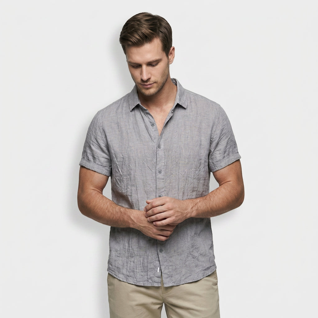 Chemise Lin Manches Courtes Col Décontracté pour Homme