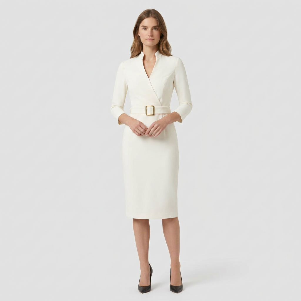 Robe Fourreau Midi Manches Longues Ceinturée pour Femme