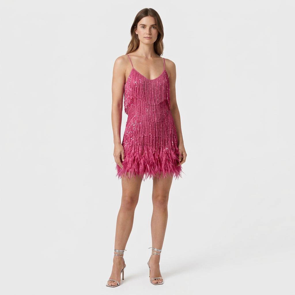 Robe Mini Ornée Plumes Silhouette Sculptée pour Femme