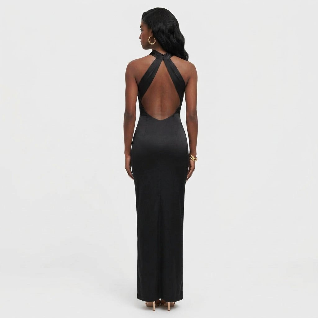 Robe Maxi Dos Nu Coupe Sirène Col Licou pour Femme