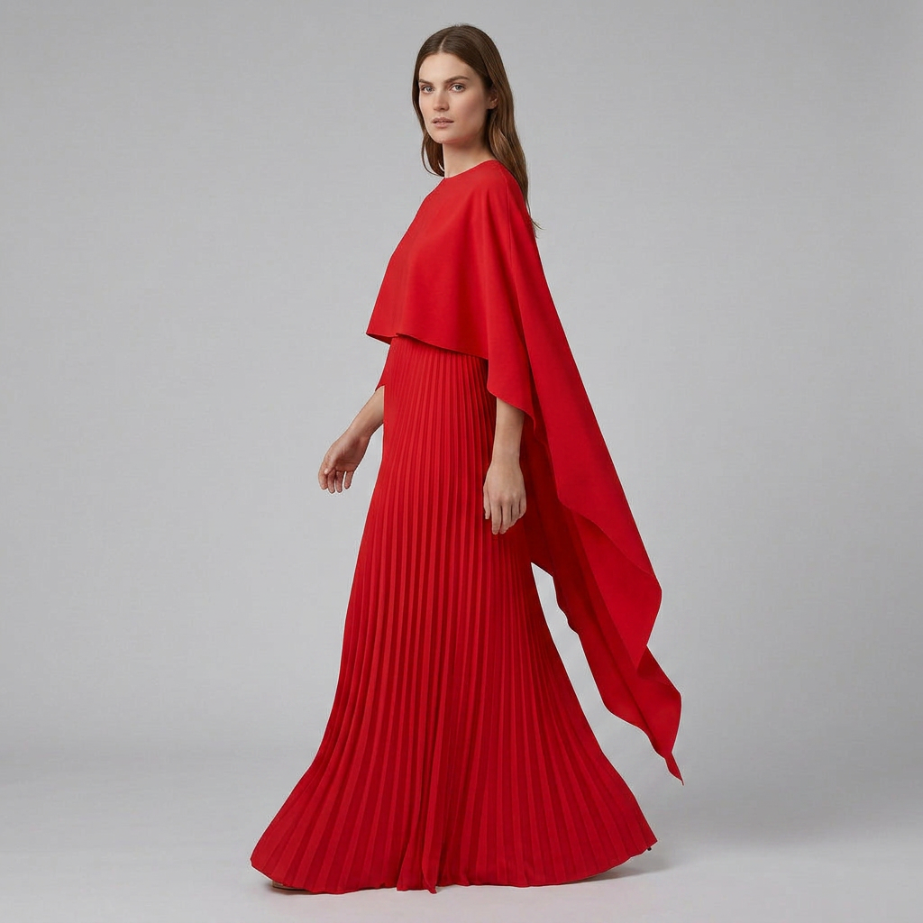 Women's Cape Overlay Pleated Maxi Dress