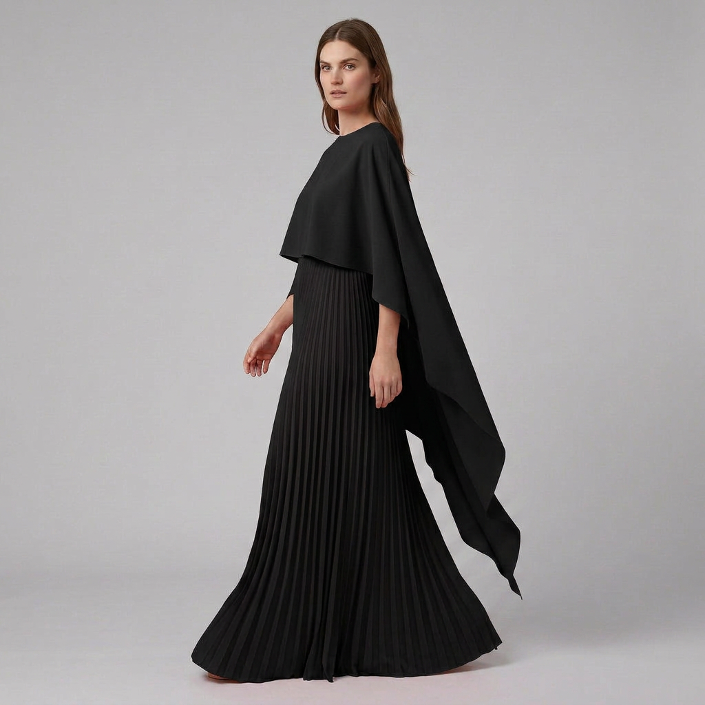 Women's Cape Overlay Pleated Maxi Dress