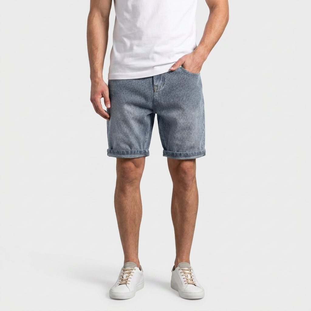 Short Jean Texturé Ourlet Roulotté Braguette Zippée pour Homme