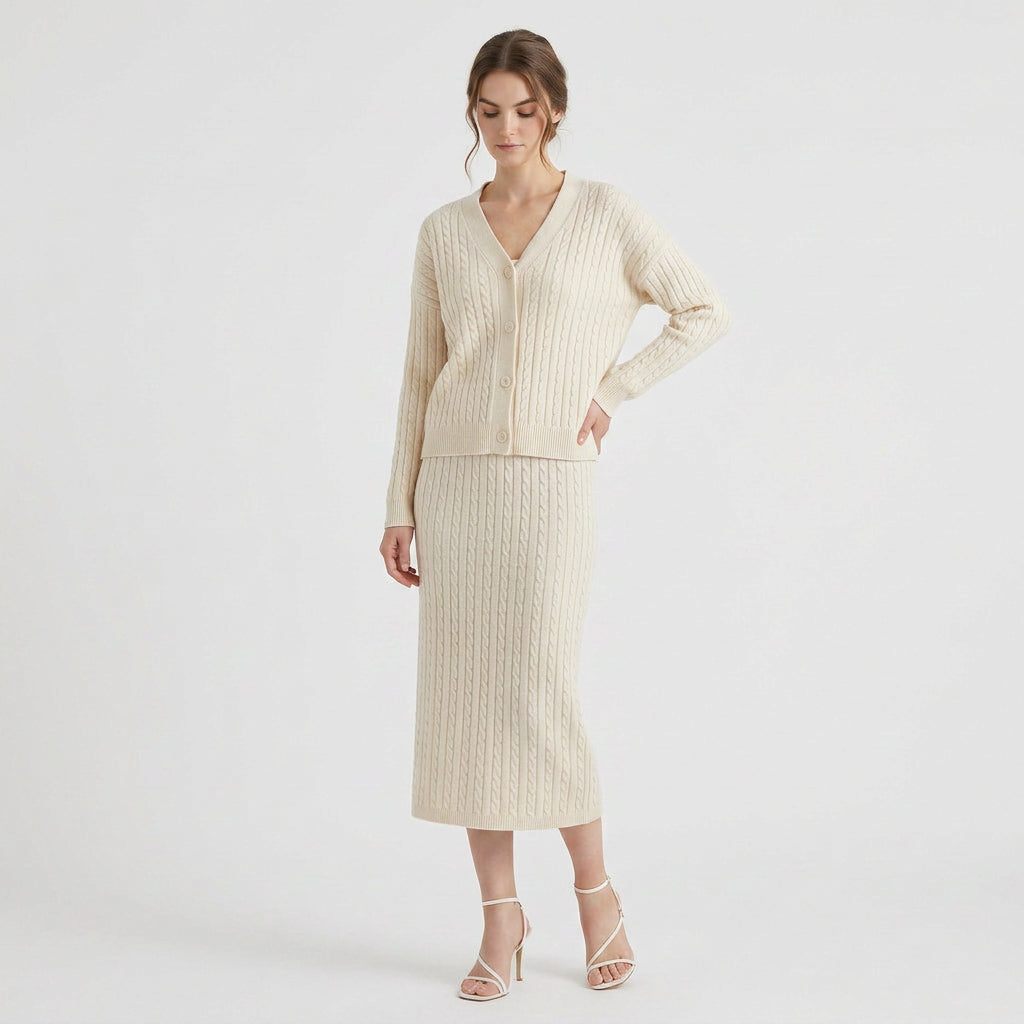 Ensemble Jupe Crayon et Pull Côtelé Col V pour Femme