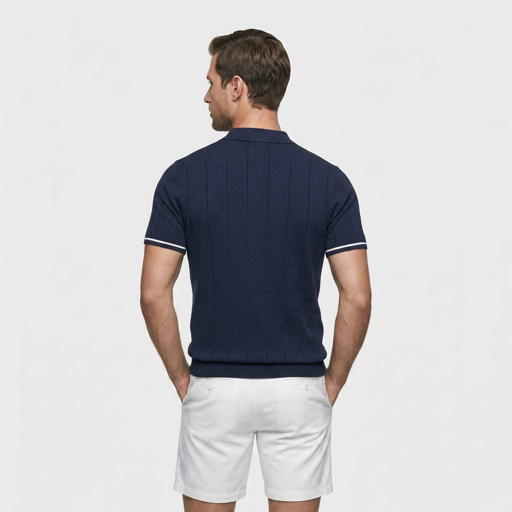 Polo Maille Fine Rayures Verticales Col Zippé pour Homme