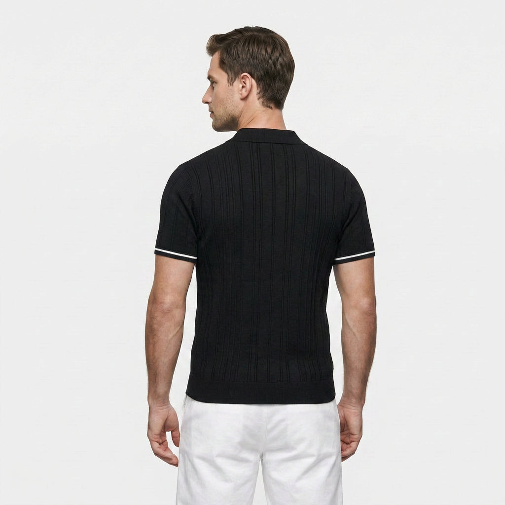 Polo Maille Fine Rayures Verticales Col Zippé pour Homme