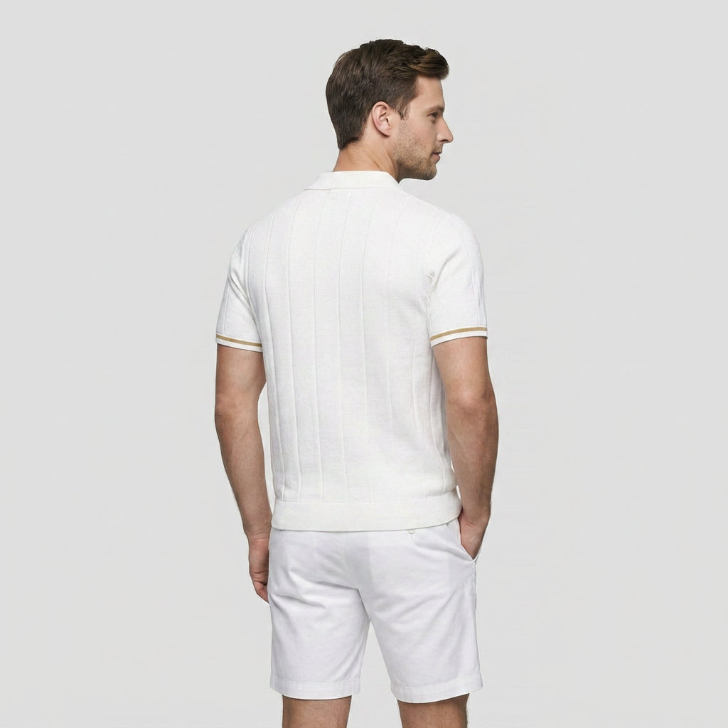 Polo Maille Fine Rayures Verticales Col Zippé pour Homme