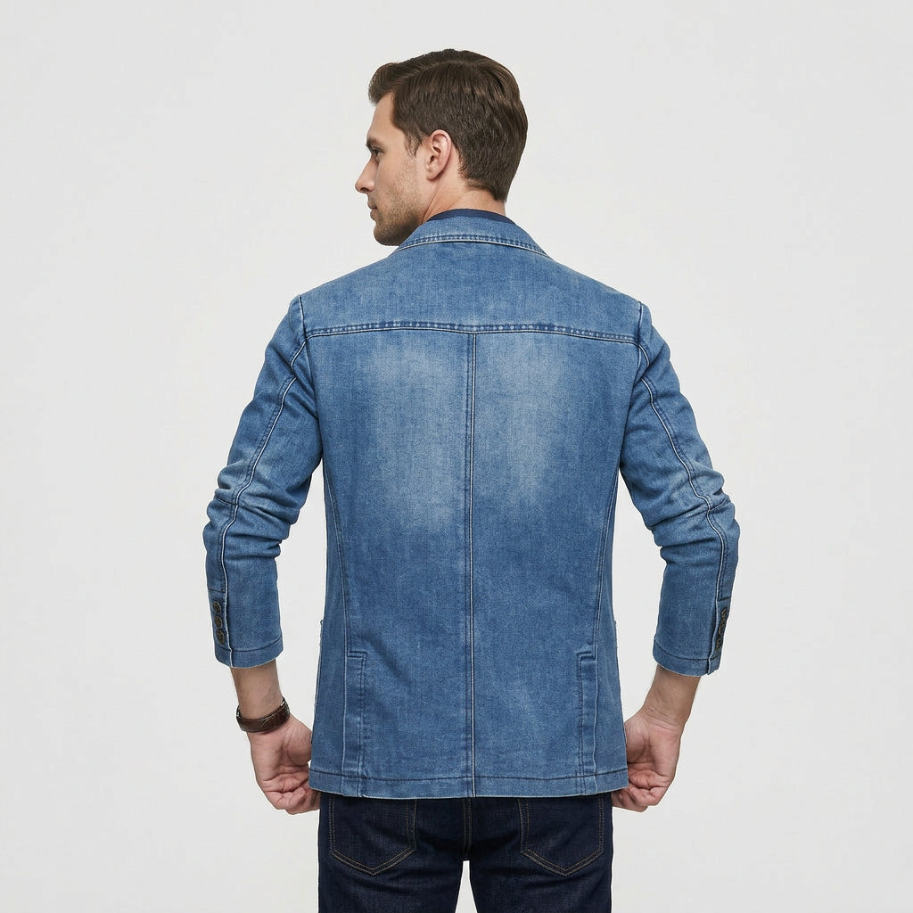 Blazer en Denim Stretch Coupe Structurée à Boutons pour Homme