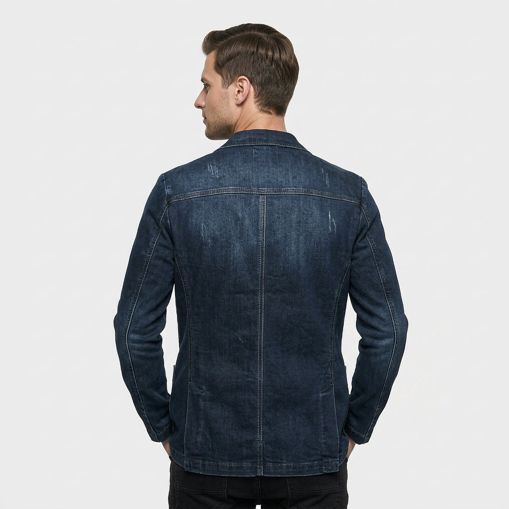 Blazer en Denim Stretch Coupe Structurée à Boutons pour Homme