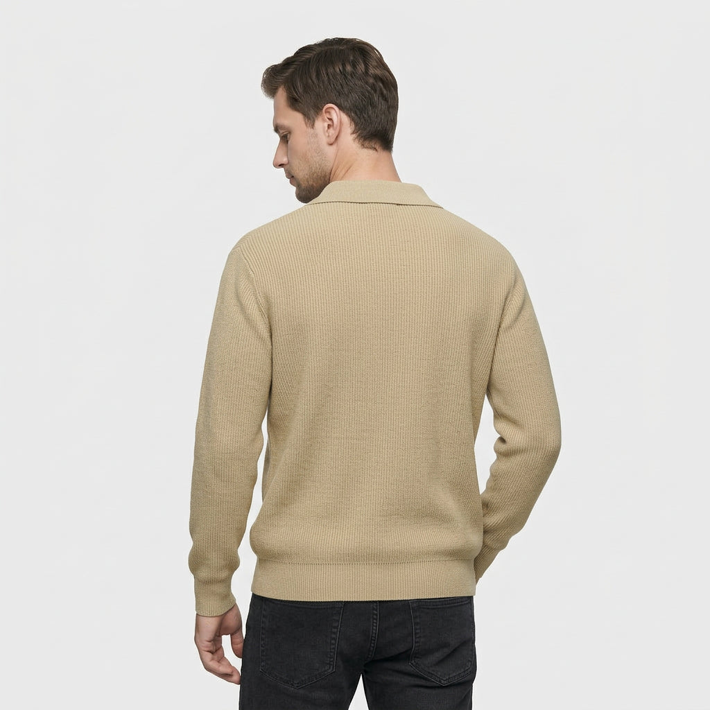 Pull Côtelé Col Polo Demi-Zip Coupe Décontractée pour Homme
