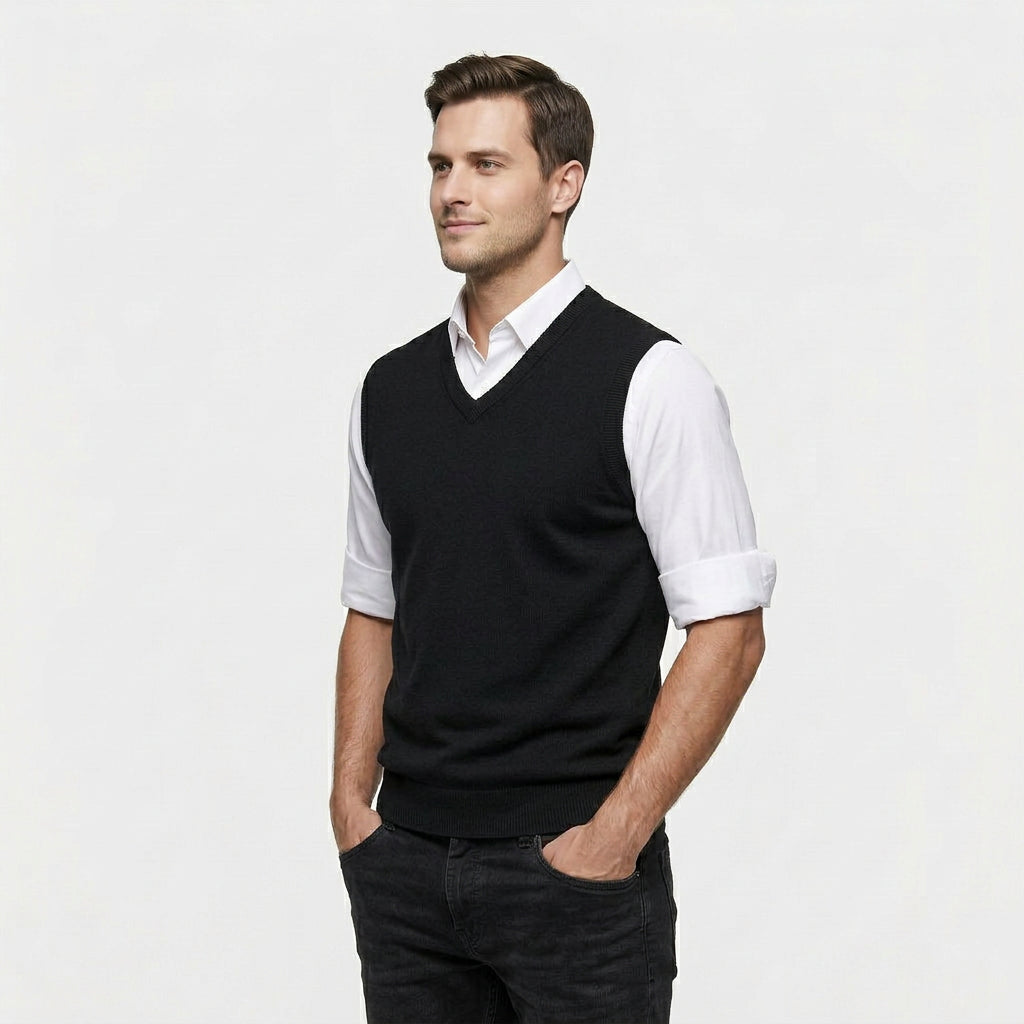 Pull Sans Manches Col V Maille Fine pour Homme