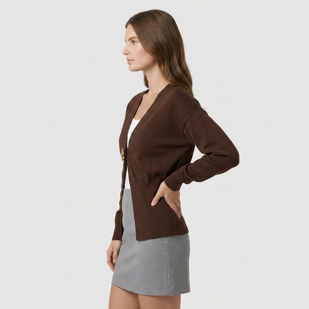 Cardigan en Maille Fine Col V Boutonnage Simple Coupe Ajustée pour Femme