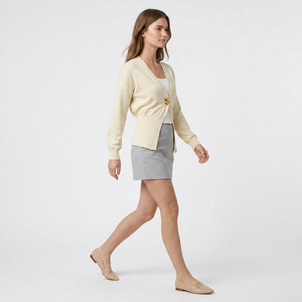 Women's Fine Knit V-Neck Cardigan with Single Button Fastening and Fitted Cut