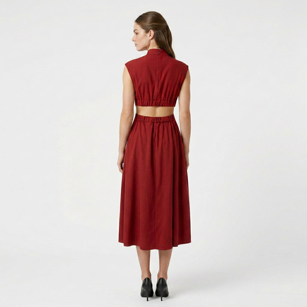 Robe Longue Élégante Manches Courtes Découpe Taille Dos Ouvert pour Femme