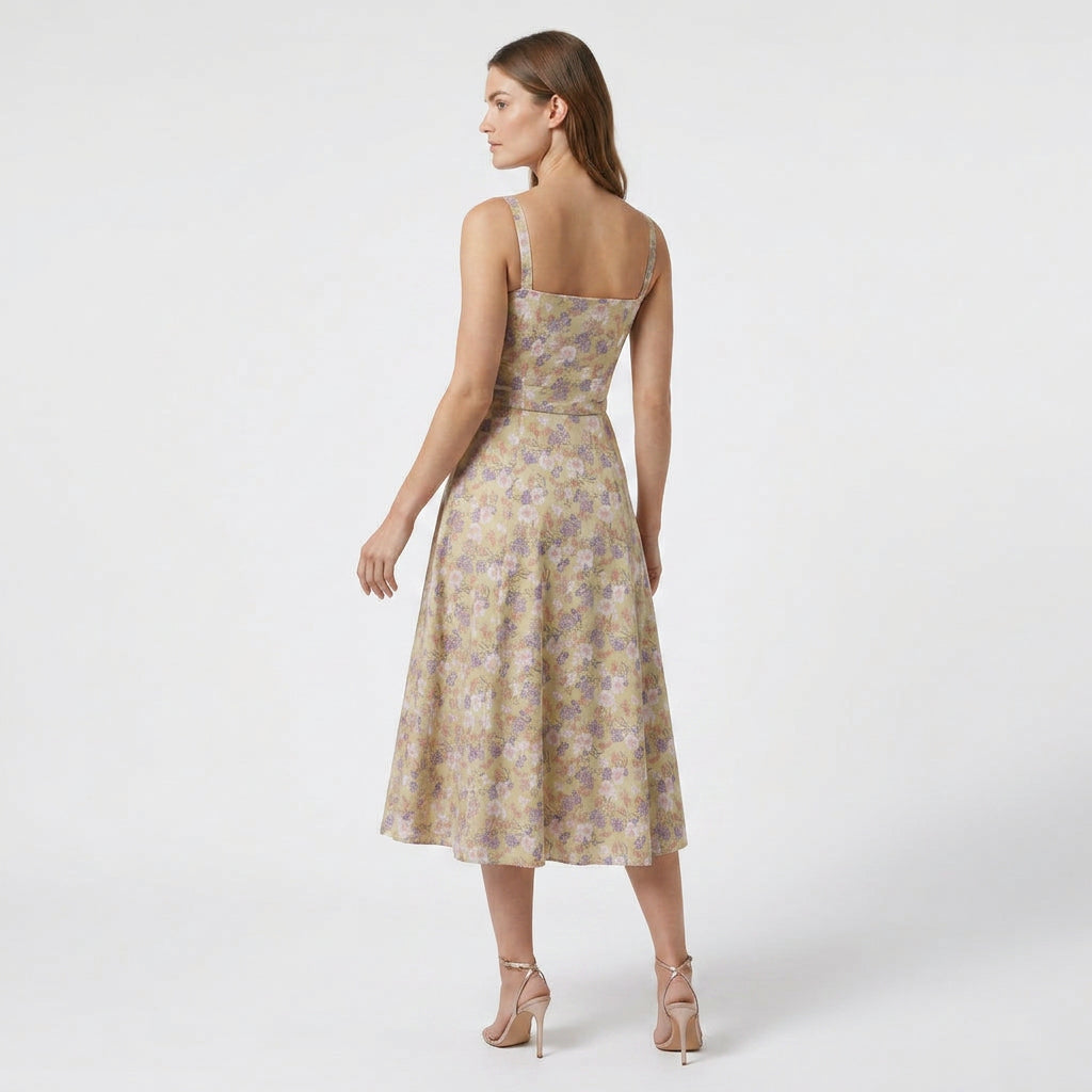 Women's Floral Corset Cotton Flared Midi Dress in Pastel Print