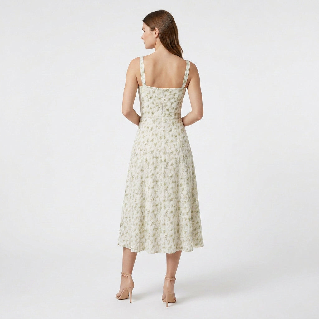 Robe Midi Corset Floral en Coton Coupe Évasée Imprimé Pastel pour Femme