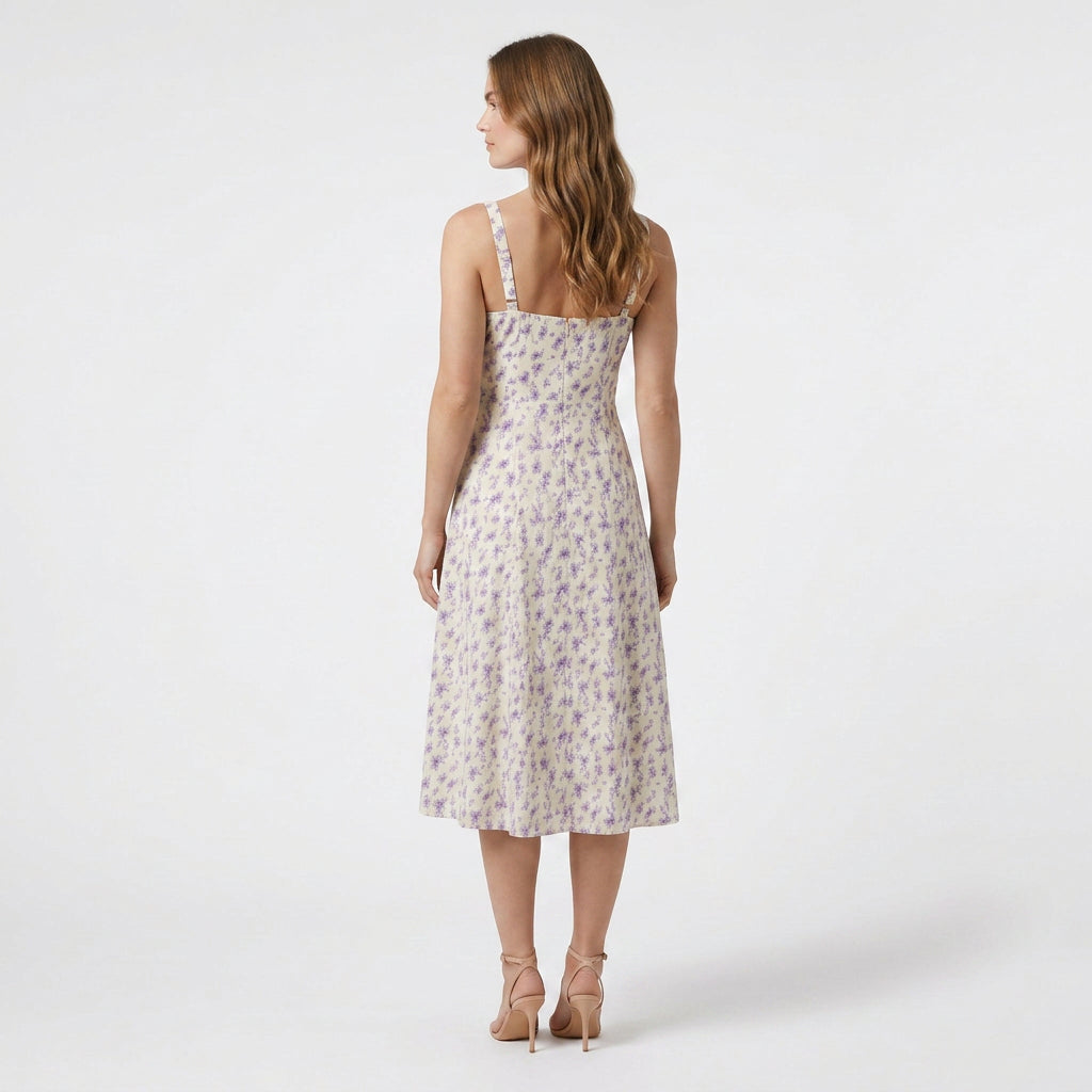 Robe Midi Corset Floral en Coton Coupe Évasée Imprimé Pastel pour Femme