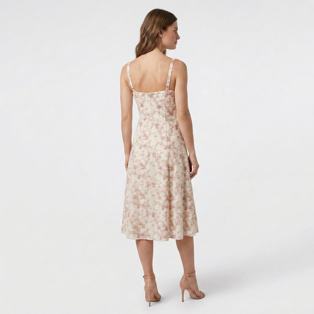 Robe Midi Corset Floral en Coton Coupe Évasée Imprimé Pastel pour Femme