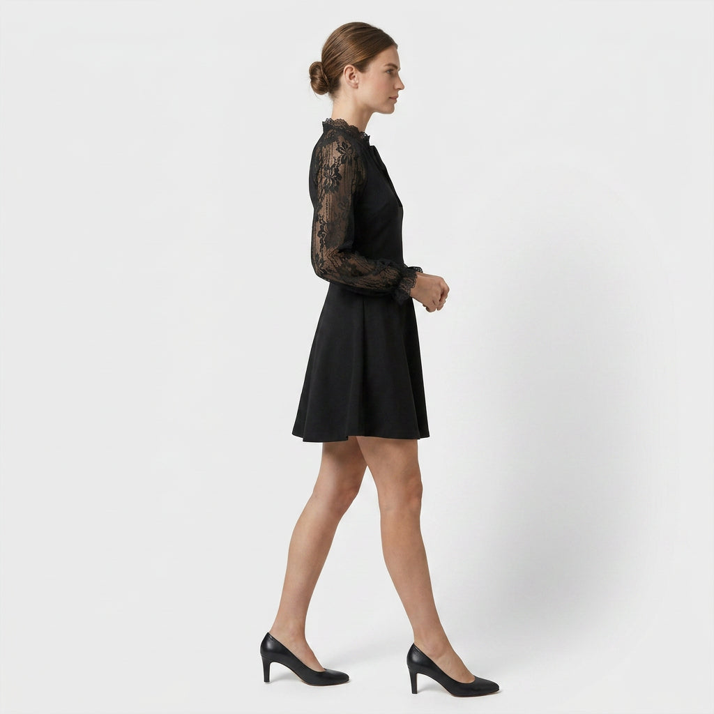 Robe Mini Élégante Manches Dentelle Col Rond pour Femme