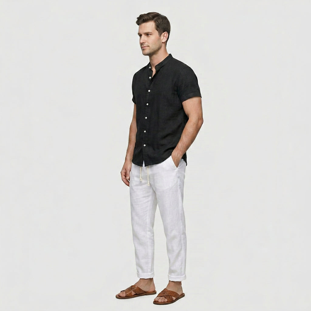 Chemise Lin Mélangé Col Mao Manches Courtes pour Homme