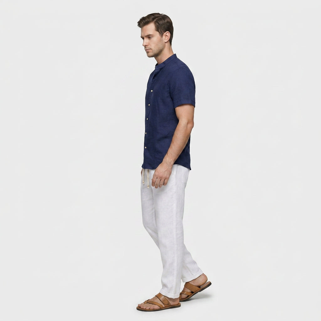 Chemise Lin Mélangé Col Mao Manches Courtes pour Homme