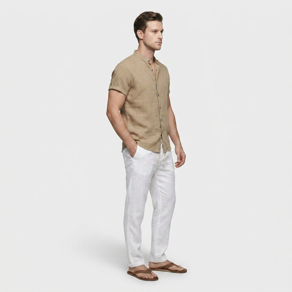 Chemise Lin Mélangé Col Mao Manches Courtes pour Homme