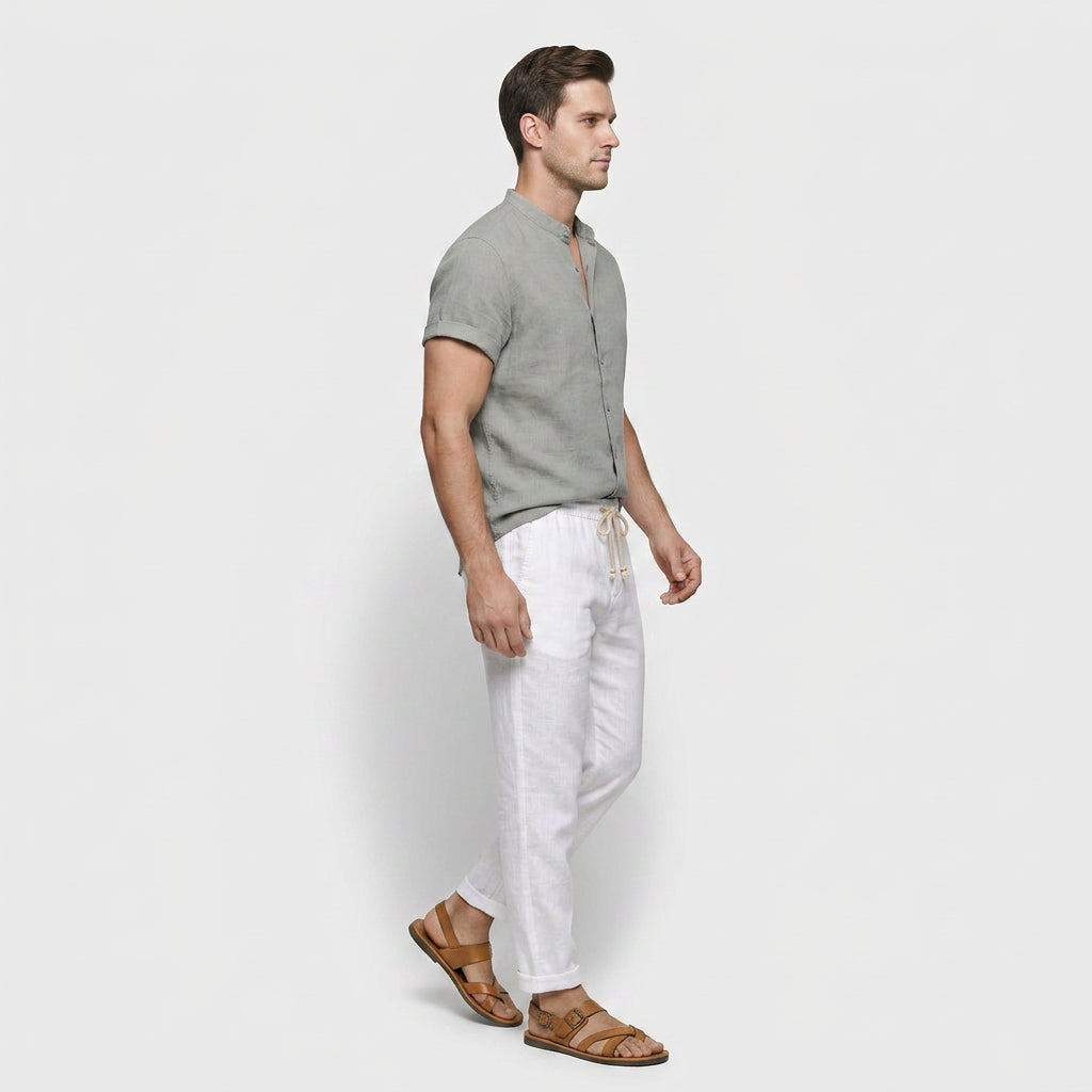 Chemise Lin Mélangé Col Mao Manches Courtes pour Homme