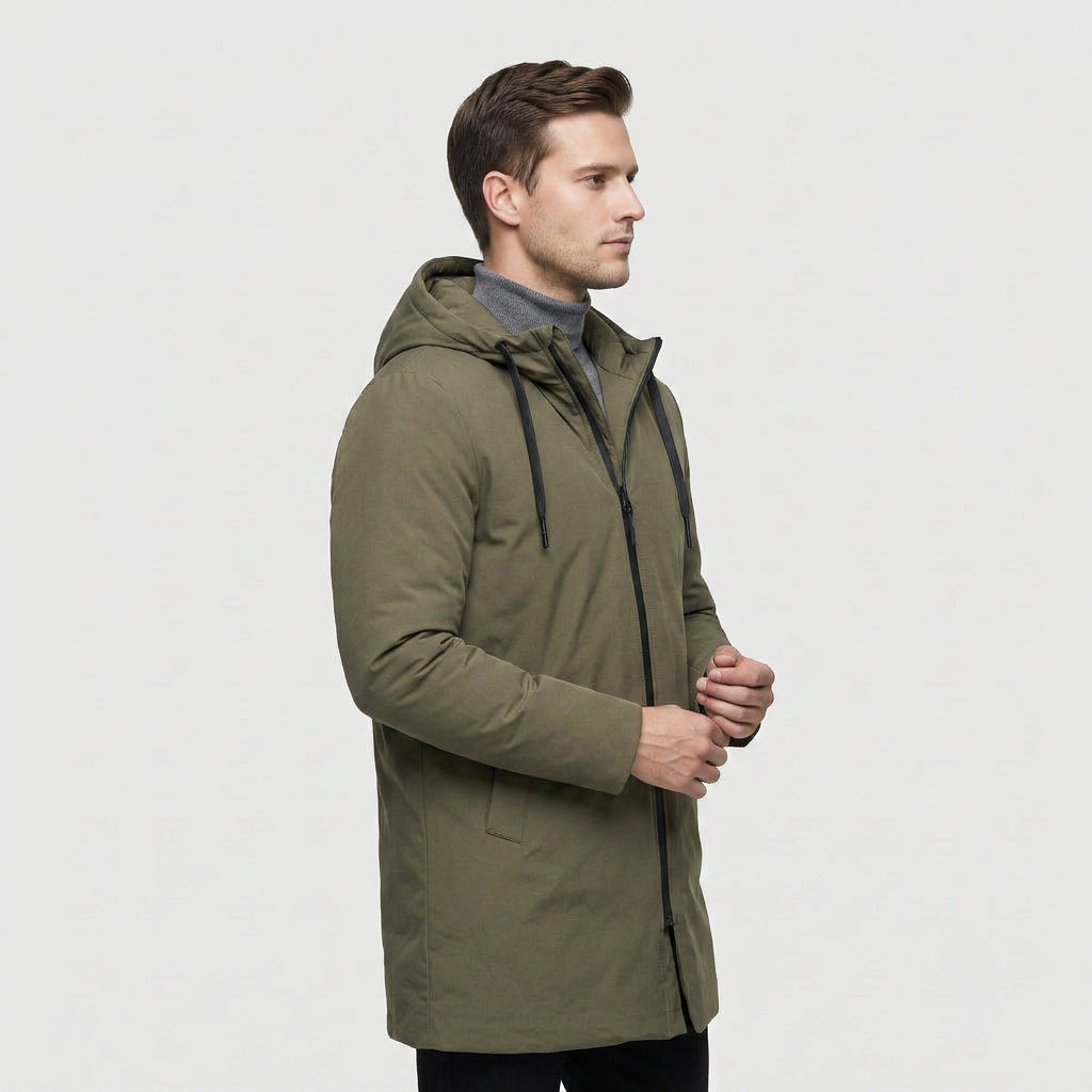 Manteau Matelassé Mi-Long à Capuche Zip Moderne pour Homme