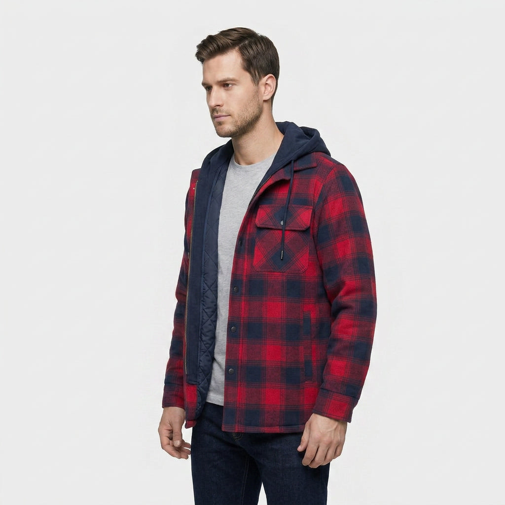 Men's Plaid Bomber Jacket with Quilted Lining and Hood