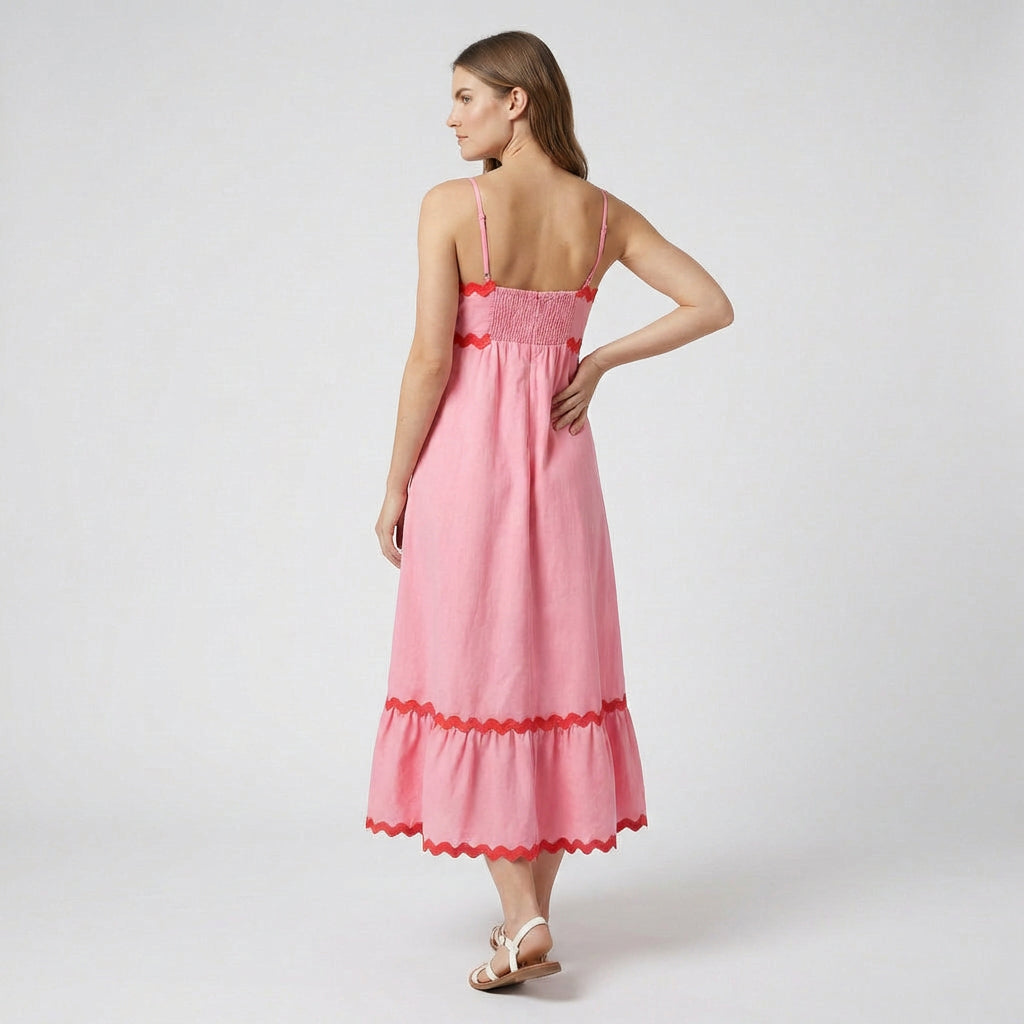 Robe Maxi Asymétrique Coton Lin Finition Ric-Rac pour Femme