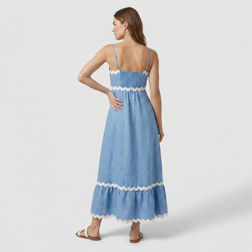 Robe Maxi Asymétrique Coton Lin Finition Ric-Rac pour Femme