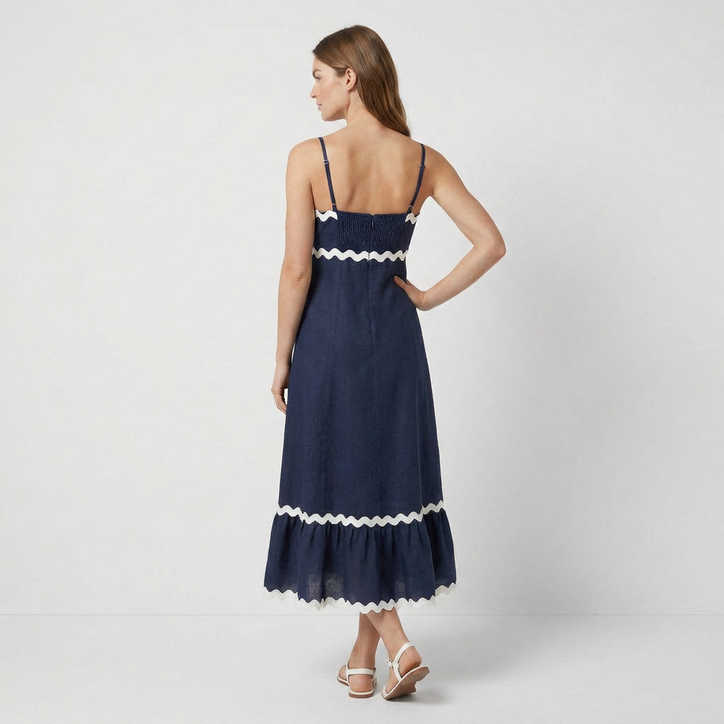 Robe Maxi Asymétrique Coton Lin Finition Ric-Rac pour Femme