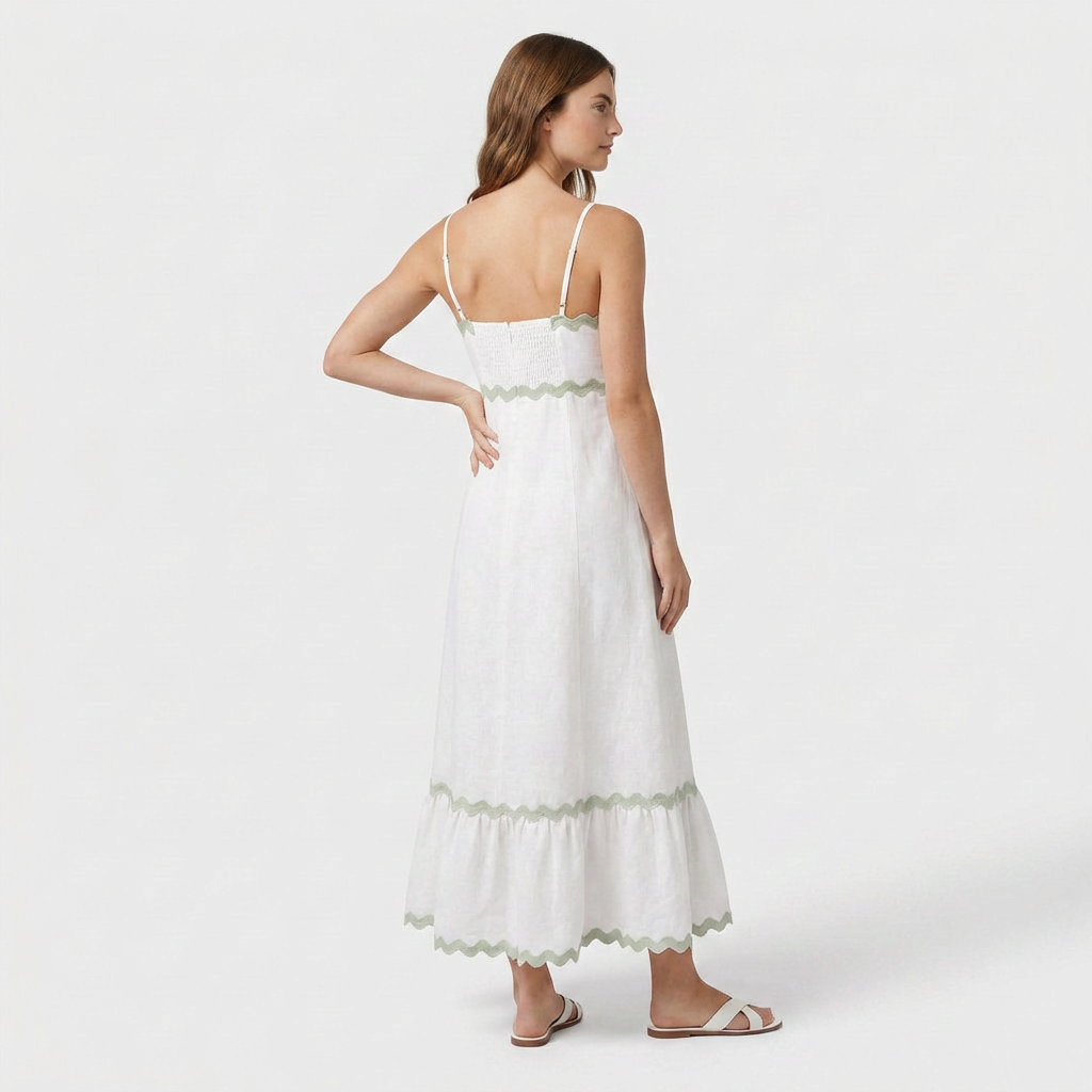 Robe Maxi Asymétrique Coton Lin Finition Ric-Rac pour Femme
