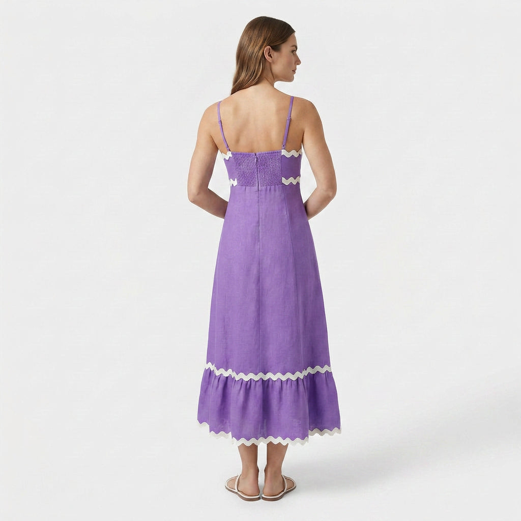 Robe Maxi Asymétrique Coton Lin Finition Ric-Rac pour Femme