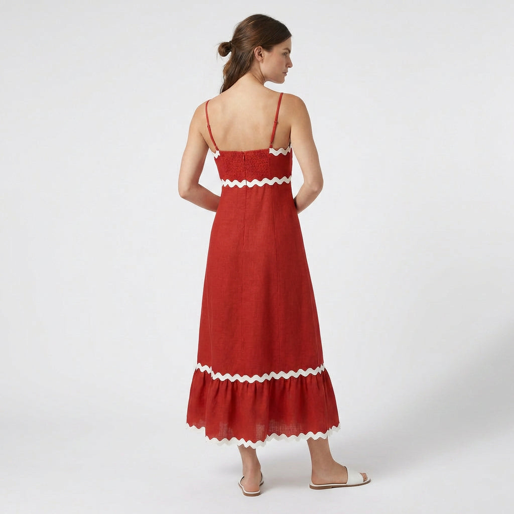 Robe Maxi Asymétrique Coton Lin Finition Ric-Rac pour Femme