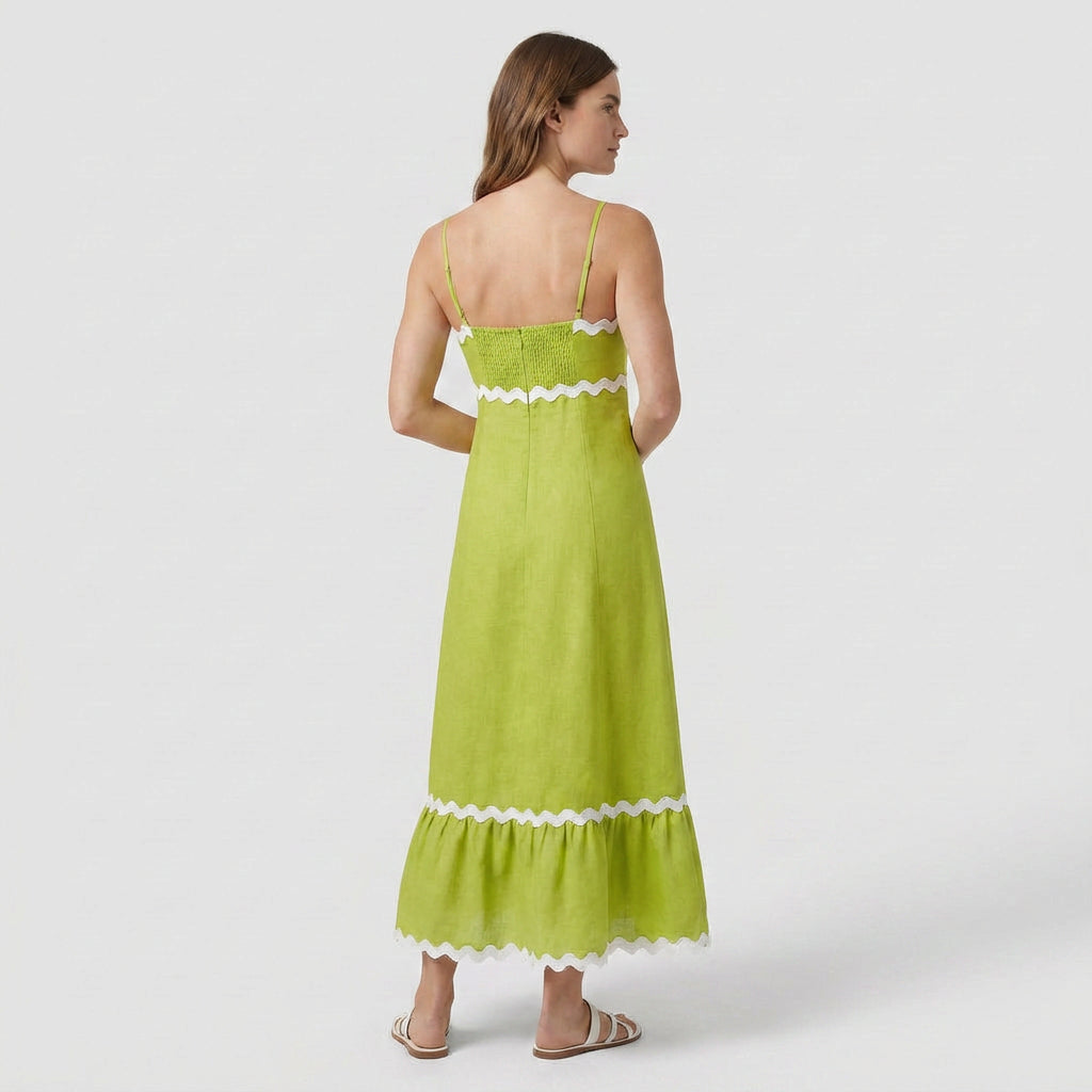 Robe Maxi Asymétrique Coton Lin Finition Ric-Rac pour Femme