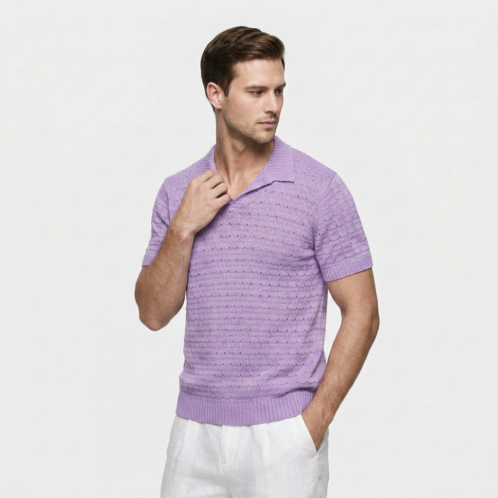 Polo Maille Gaufrée Col V Ouvert Manches Courtes pour Homme