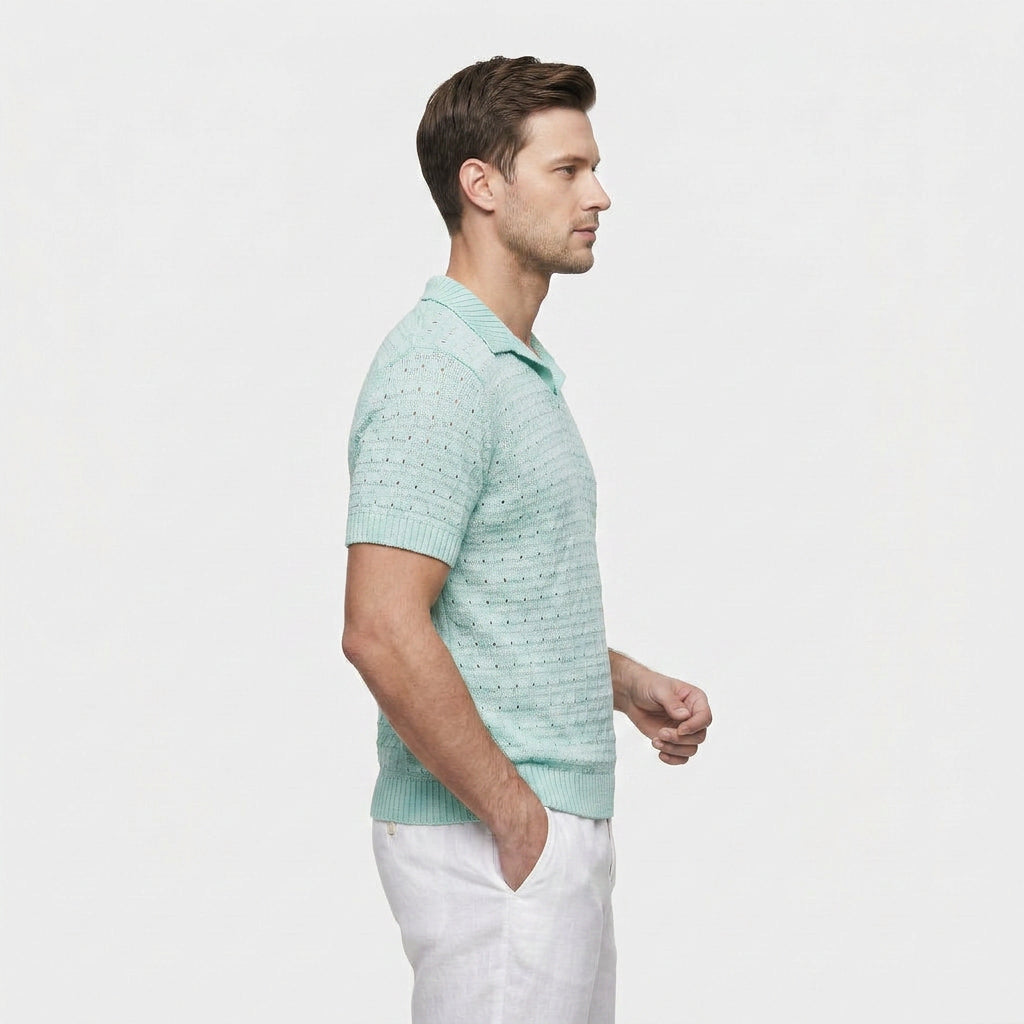 Polo Maille Gaufrée Col V Ouvert Manches Courtes pour Homme