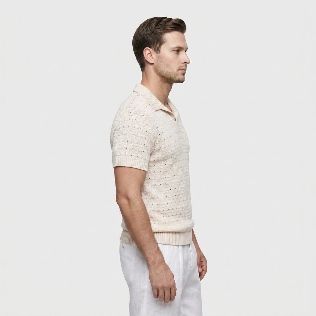 Polo Maille Gaufrée Col V Ouvert Manches Courtes pour Homme