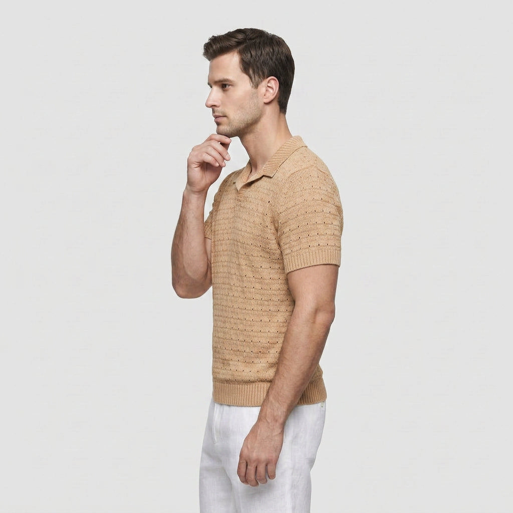 Polo Maille Gaufrée Col V Ouvert Manches Courtes pour Homme