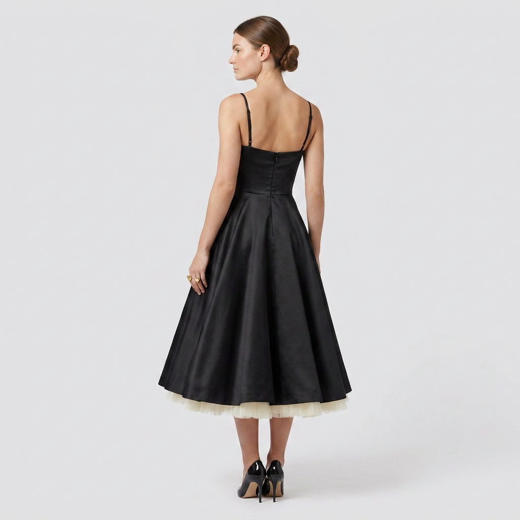 Robe Midi Corset Brodée Col V Coupe Évasée pour Femme