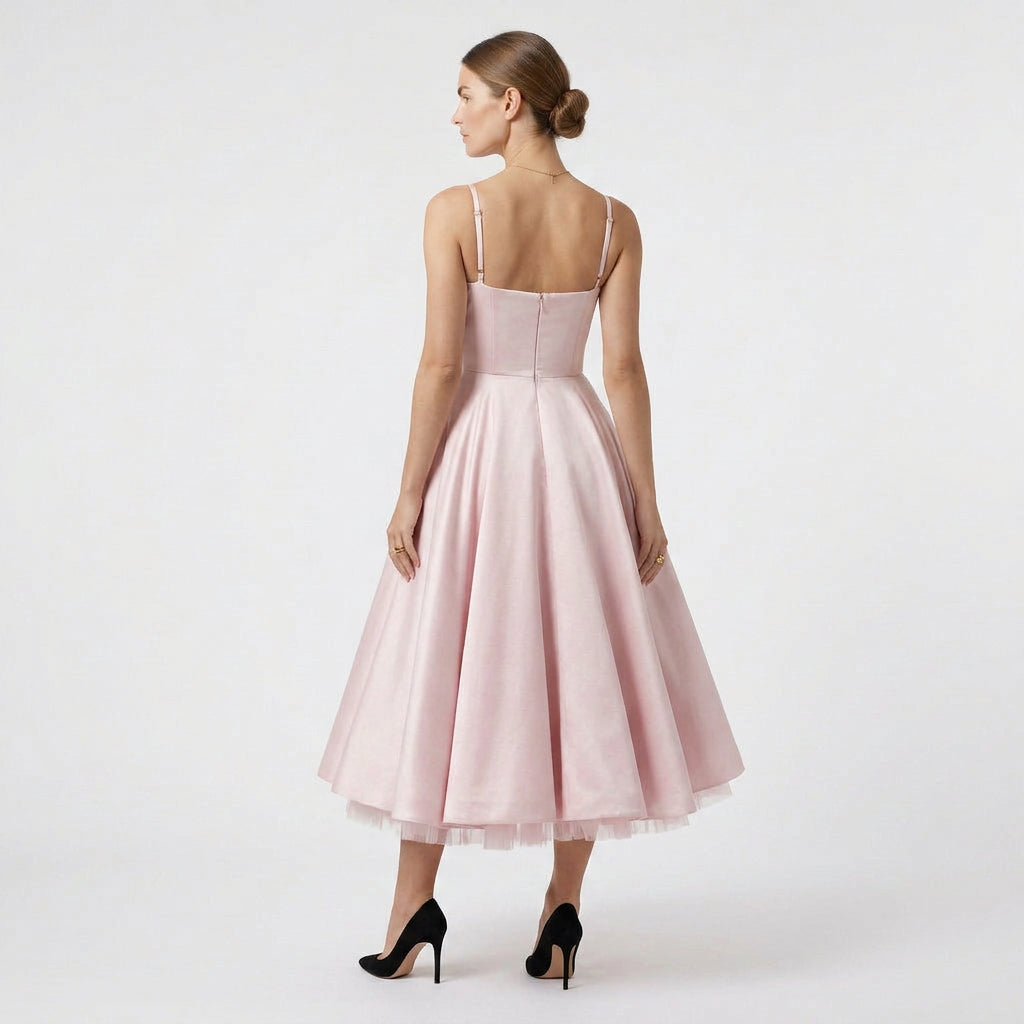 Robe Midi Corset Brodée Col V Coupe Évasée pour Femme